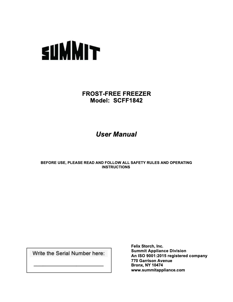 Page n°1 - Manuel d'utilisation et d'entretien Summit SCFF1842KS