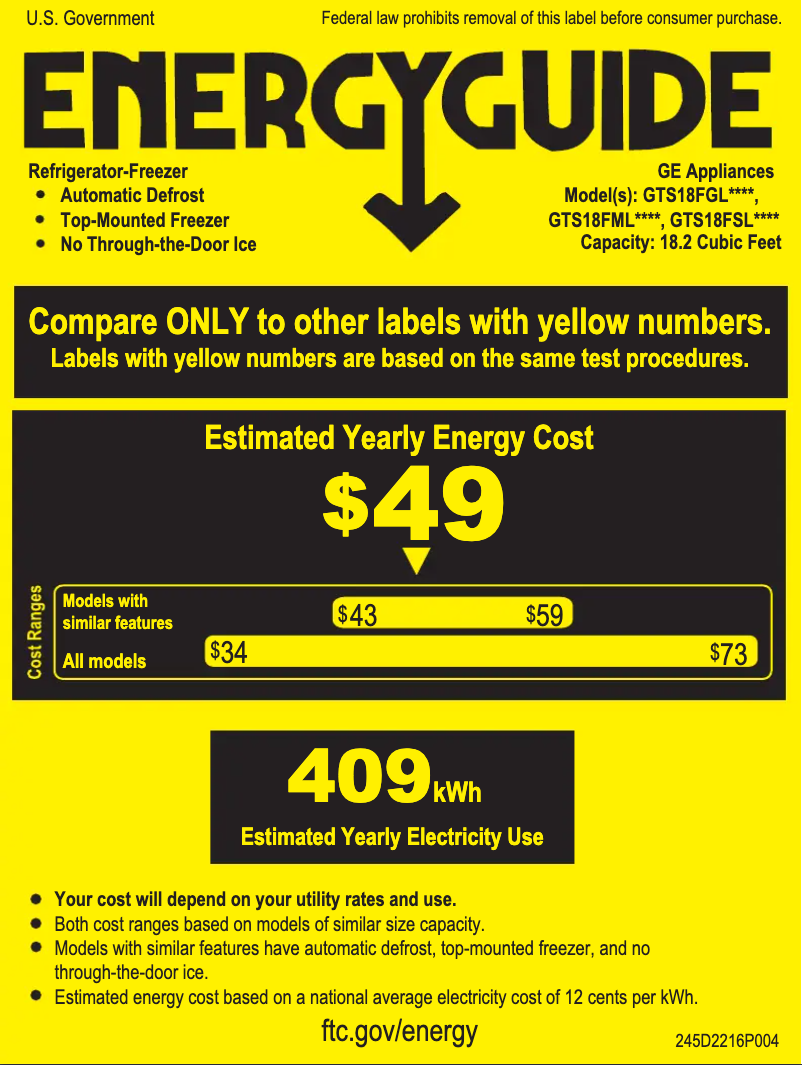 Page 1 de la notice Label énergétique GE GTS18FMLES
