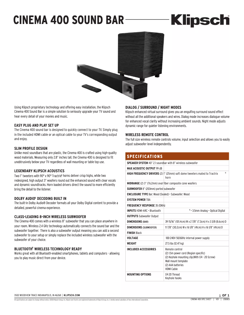 Image de la première page du manuel de l'appareil Cinema 400