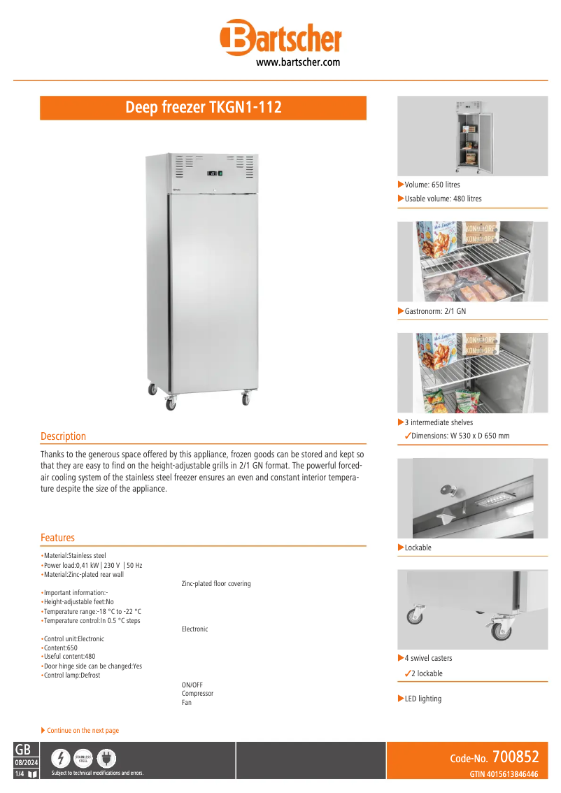 Page 1 de la notice Fiche technique Bartscher TKGN1-112