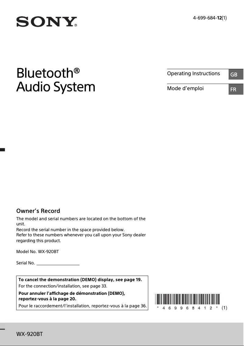 Page 1 de la notice Manuel utilisateur Sony WX-920BT