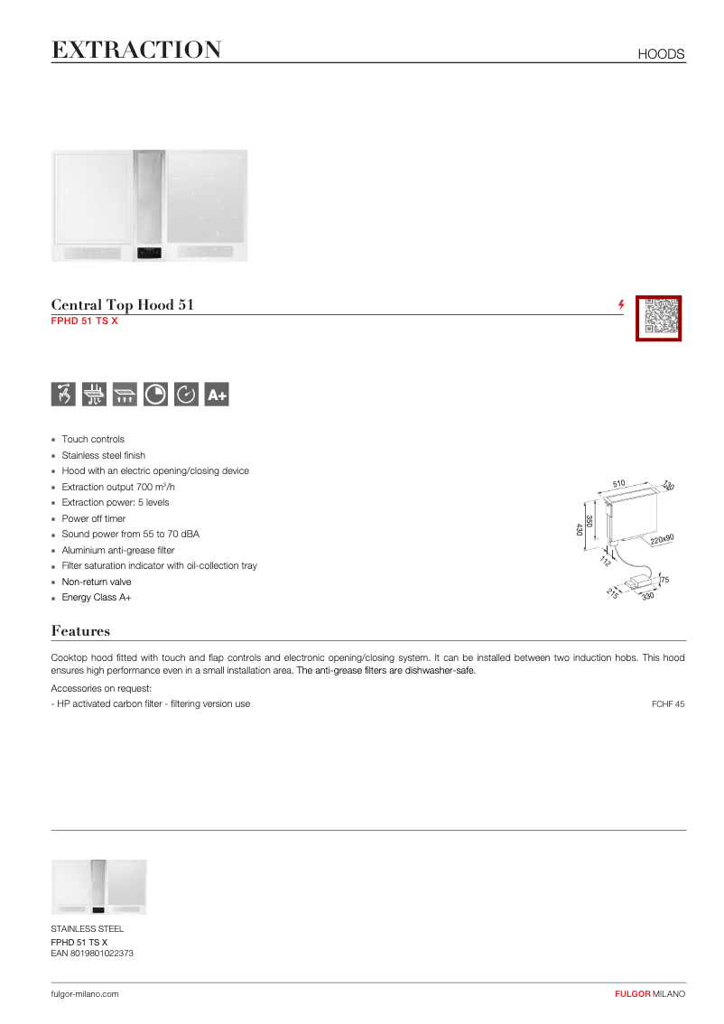 Page 1 de la notice Fiche technique Fulgor Milano FPHD 51 TS X