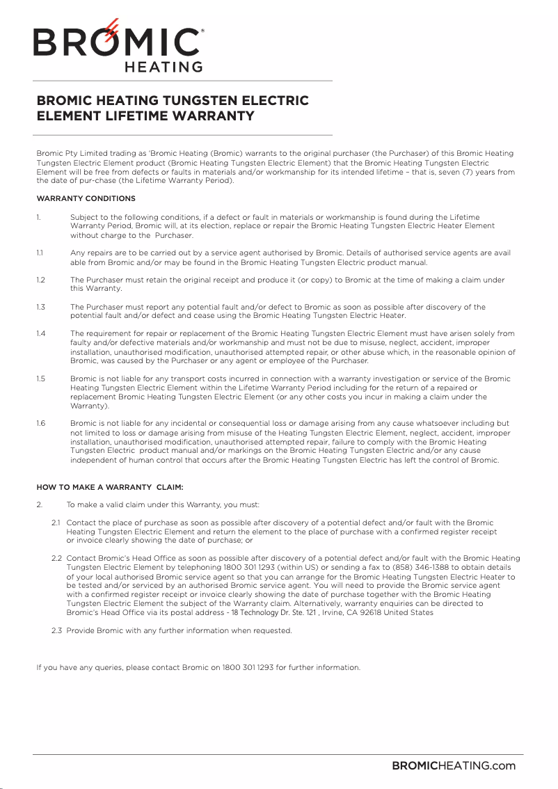 Page n°1 - Informations de garantie Bromic BH0210003-1