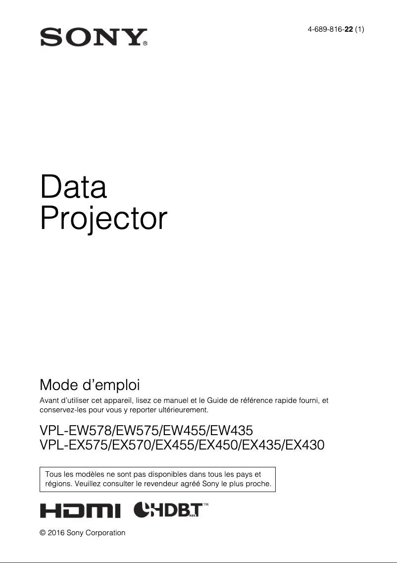 Page 1 de la notice Manuel utilisateur Sony VPL-EX570
