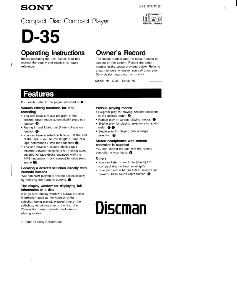Page 1 de la notice Manuel utilisateur Sony Discman D-35