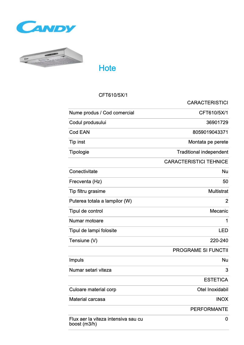 Page 1 de la notice Fiche technique Candy CFT610/5X/1