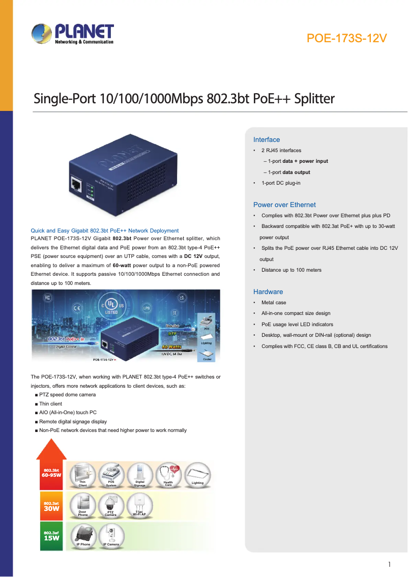 Page 1 de la notice Fiche technique Planet POE-173S-12V