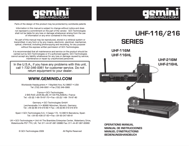 Page 1 de la notice Manuel utilisateur Gemini UHF-216M