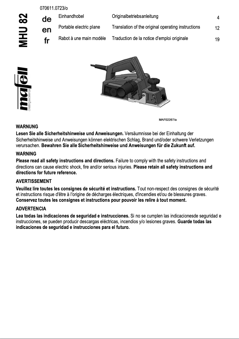 Page 1 de la notice Manuel utilisateur Mafell MHU 82