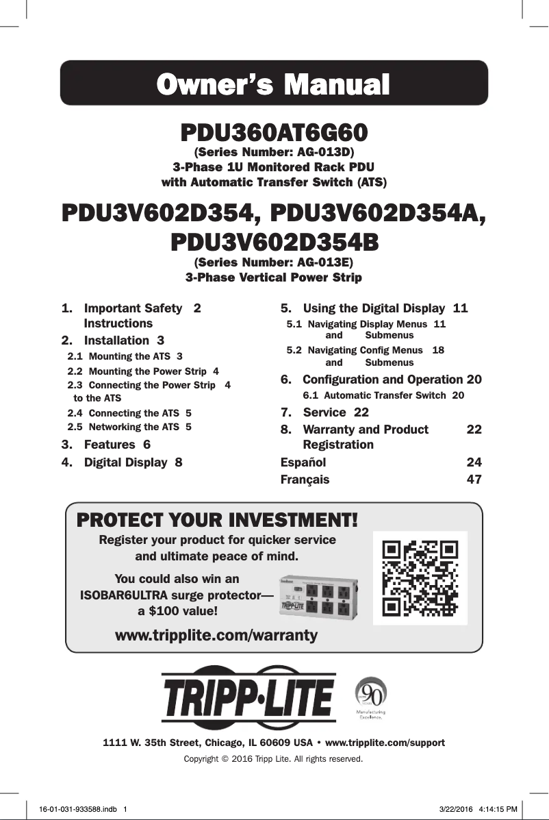 Page 1 de la notice Manuel utilisateur Tripp Lite PDU3V602D354A