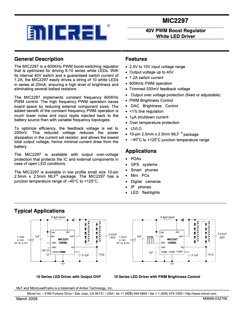 Página 1 del manual Ficha técnica Microchip MIC2297