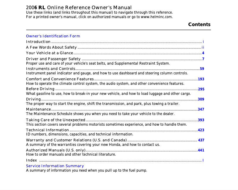 Page n°1 - Manuel utilisateur Acura RL (2006)