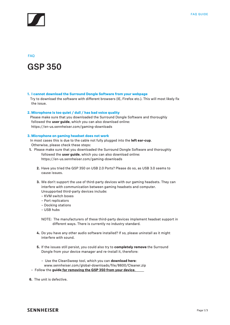Page 1 de la notice FAQ Sennheiser GSP 350