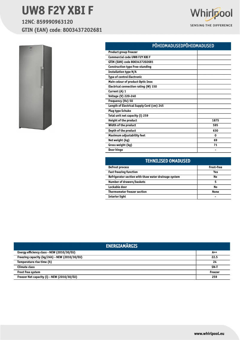 Page 1 de la notice Fiche technique Whirlpool UW8 F2Y XBI F
