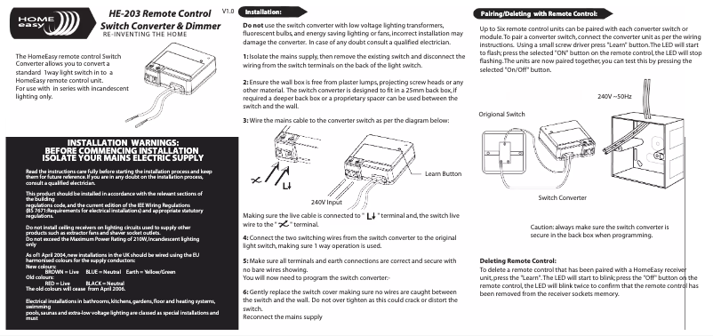 Page 1 de la notice Manuel utilisateur Home Easy HE-203