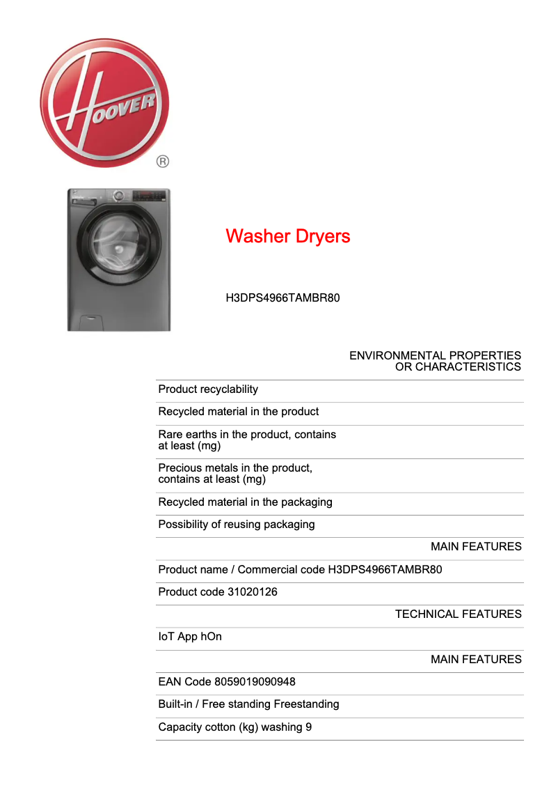 Page 1 de la notice Fiche technique Hoover H3DPS4966TAMBR80