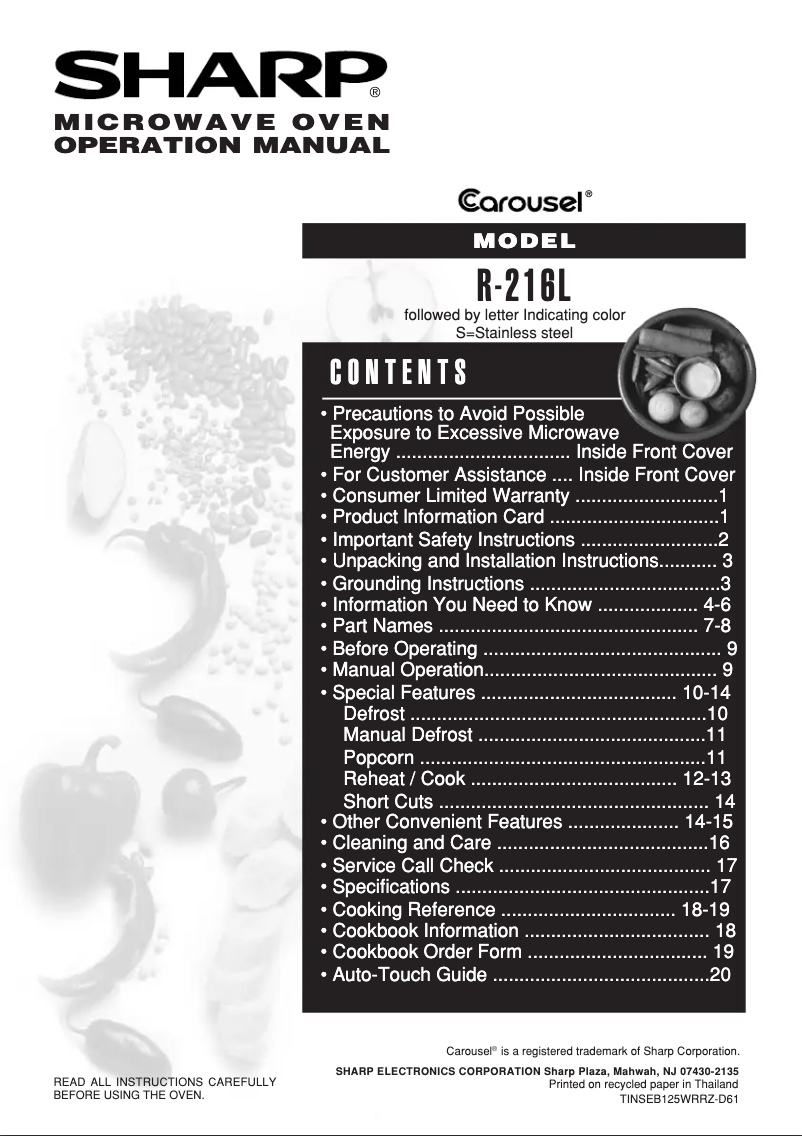 Page 1 de la notice Manuel utilisateur Sharp R-216LS