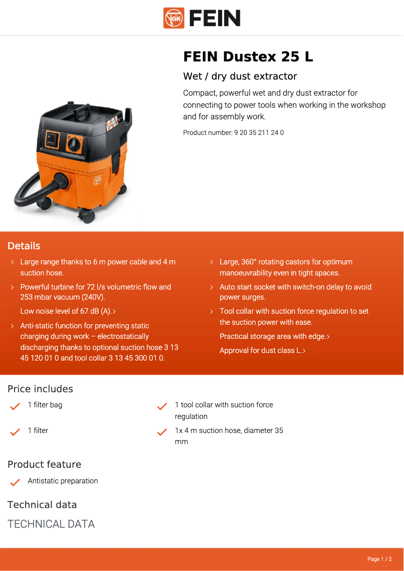 Página 1 del manual Ficha técnica Fein Dustex 25 L