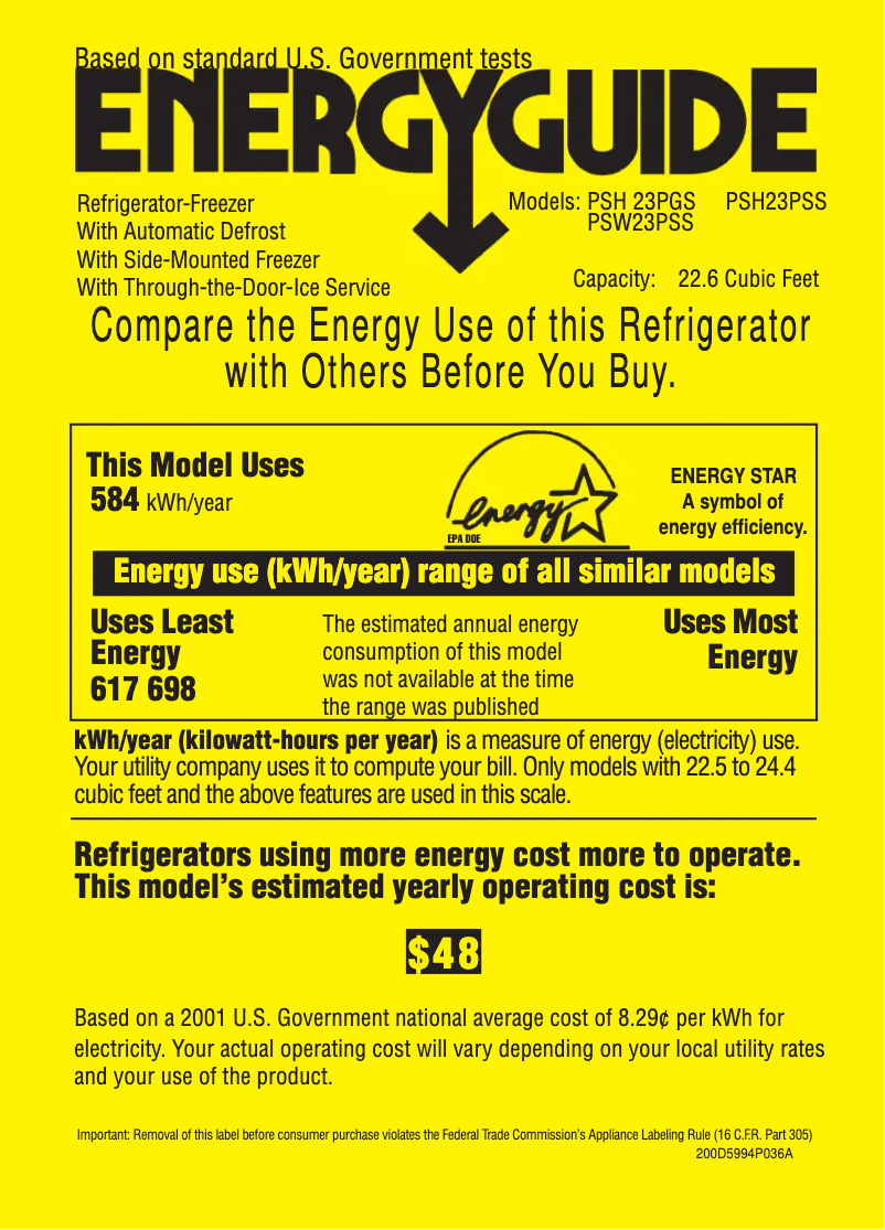 Page n°1 - Label énergétique GE Profile PSH23PGSCV