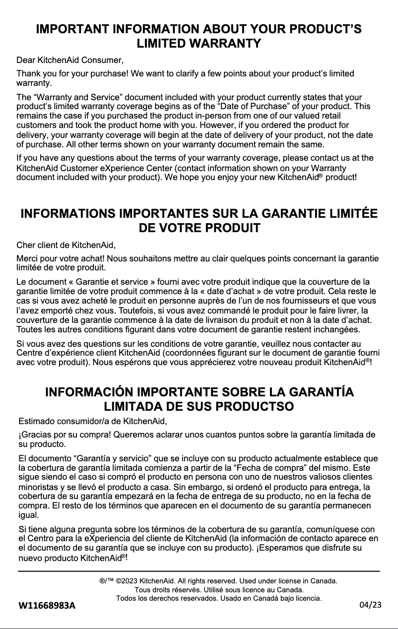 Page 1 de la notice Informations de garantie KitchenAid KESMK4MH