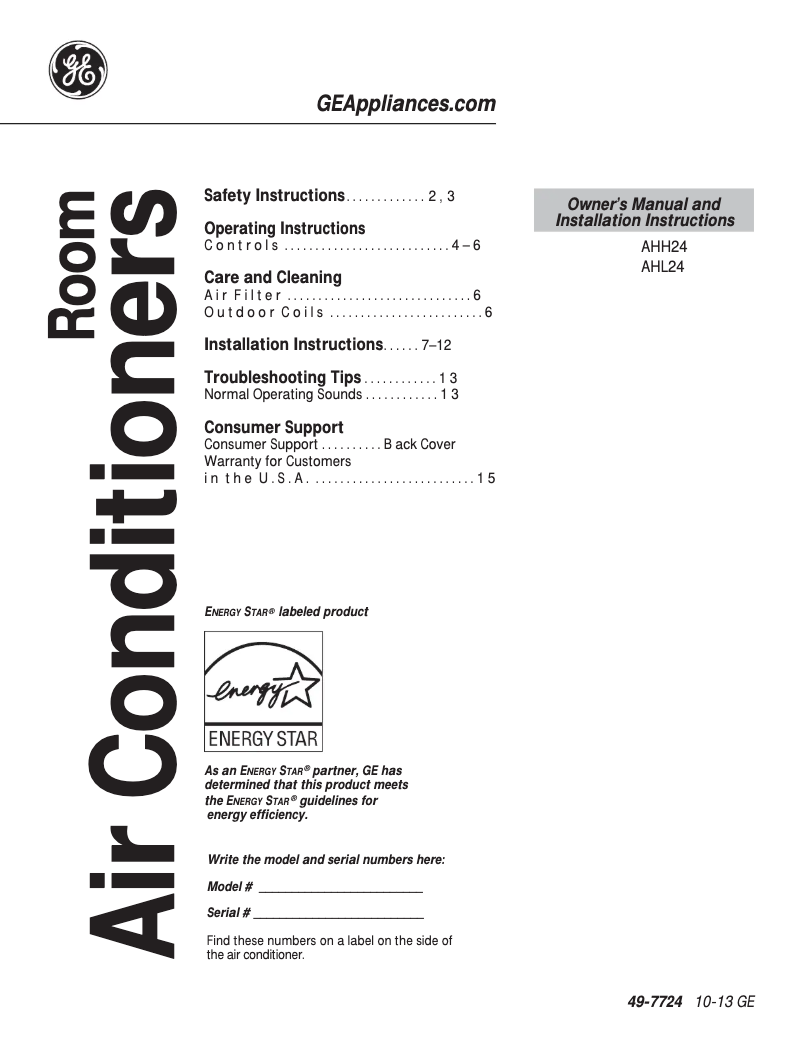 Page n°1 - Guide d'installation GE AHL24DS