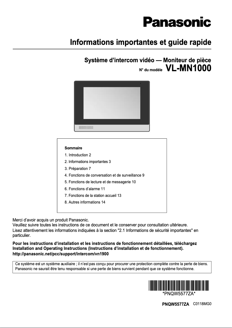 Page 1 de la notice Manuel utilisateur Panasonic VL-MN1000BX