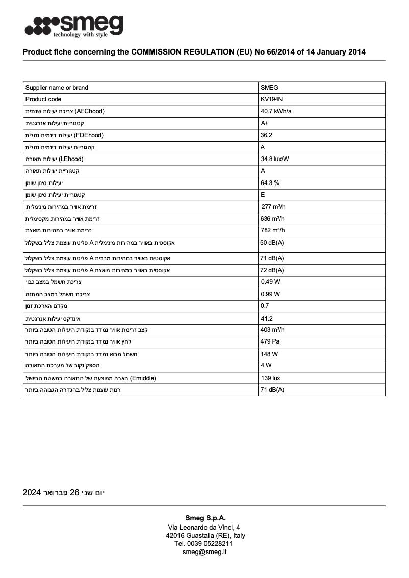 Page 1 de la notice Fiche technique Smeg KV194N