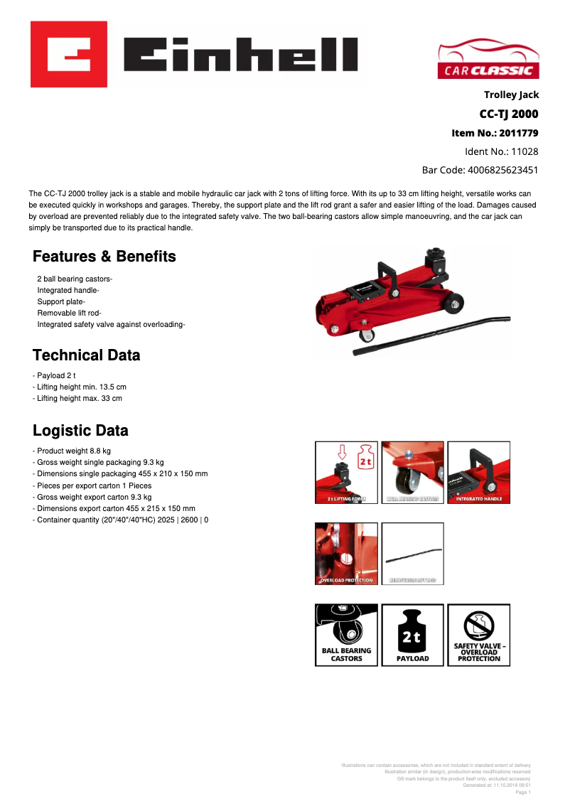 Page 1 de la notice Fiche technique Einhell CC-TJ 2000