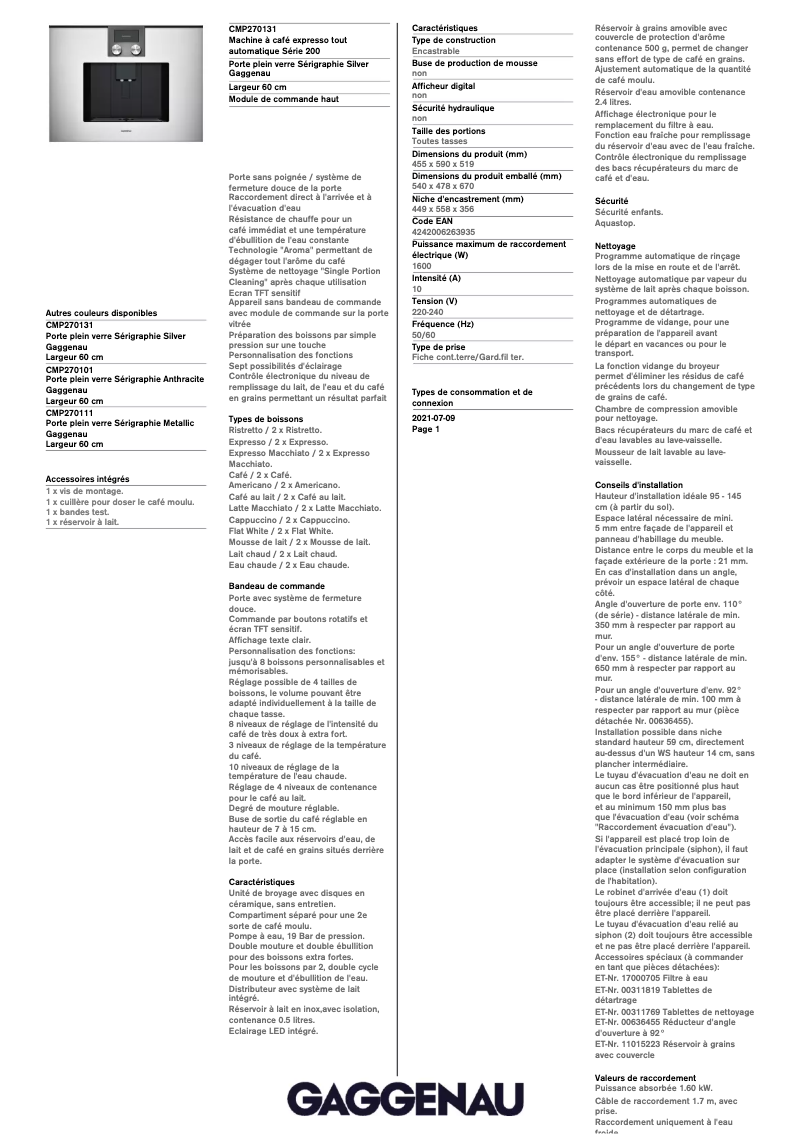 Page 1 de la notice Fiche technique Gaggenau CMP270131