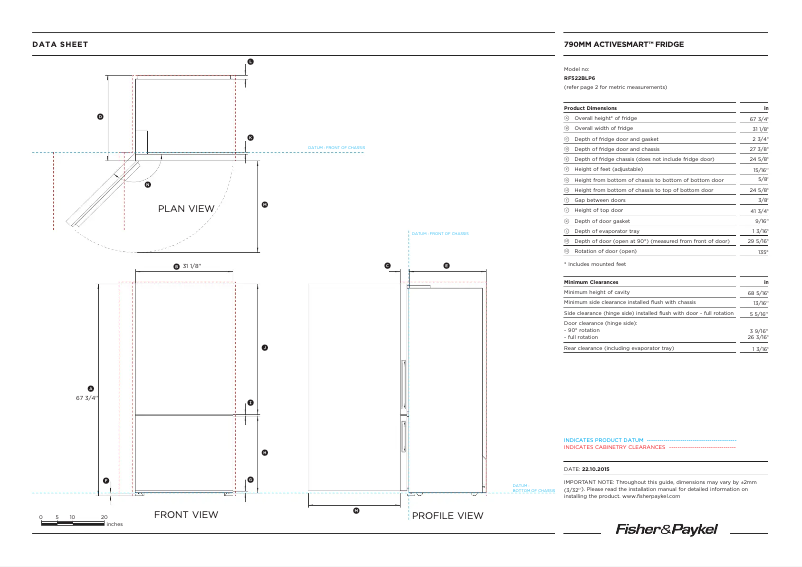 Page 1 de la notice Fiche technique Fisher & Paykel RF522BLPW6