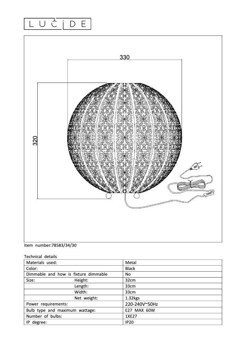 Page 1 de la notice Manuel utilisateur Lucide Tahar 78583/34/30
