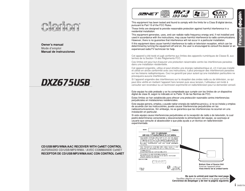 Page 1 de la notice Manuel utilisateur Clarion DXZ675USB