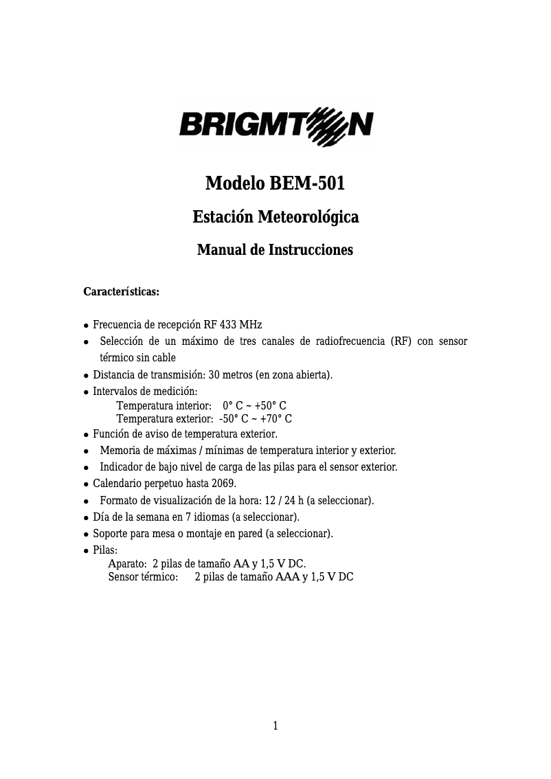Página 1 del manual Manual de usuario Brigmton BEM-501