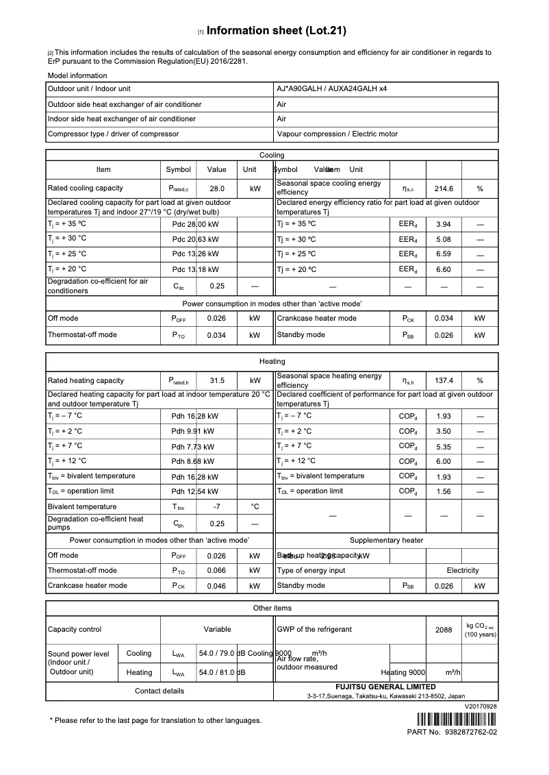 Page 1 de la notice Fiche technique Fujitsu Airstage AJYA90GALH