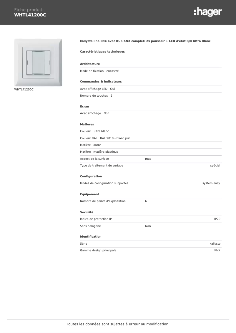 Page n°1 - Fiche technique Hager WHTL41200C