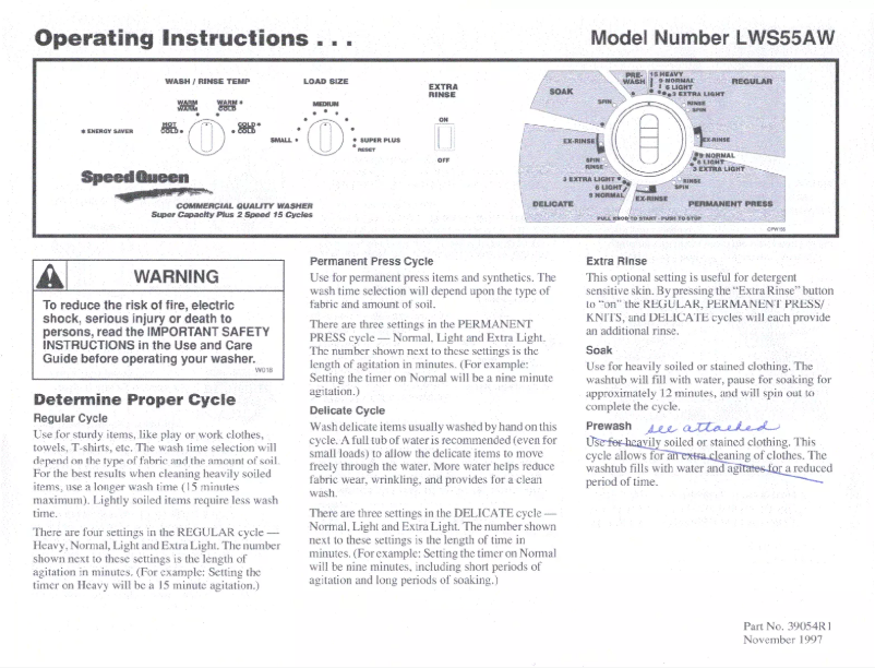 Page 1 de la notice Manuel utilisateur Speed Queen LWS55AW