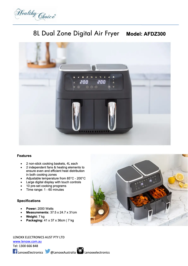 Page 1 de la notice Fiche technique Lenoxx Healthy Choice AFDZ300