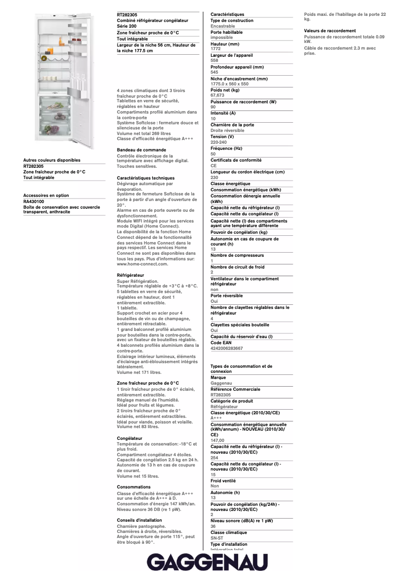 Page 1 de la notice Fiche technique Gaggenau RT282305