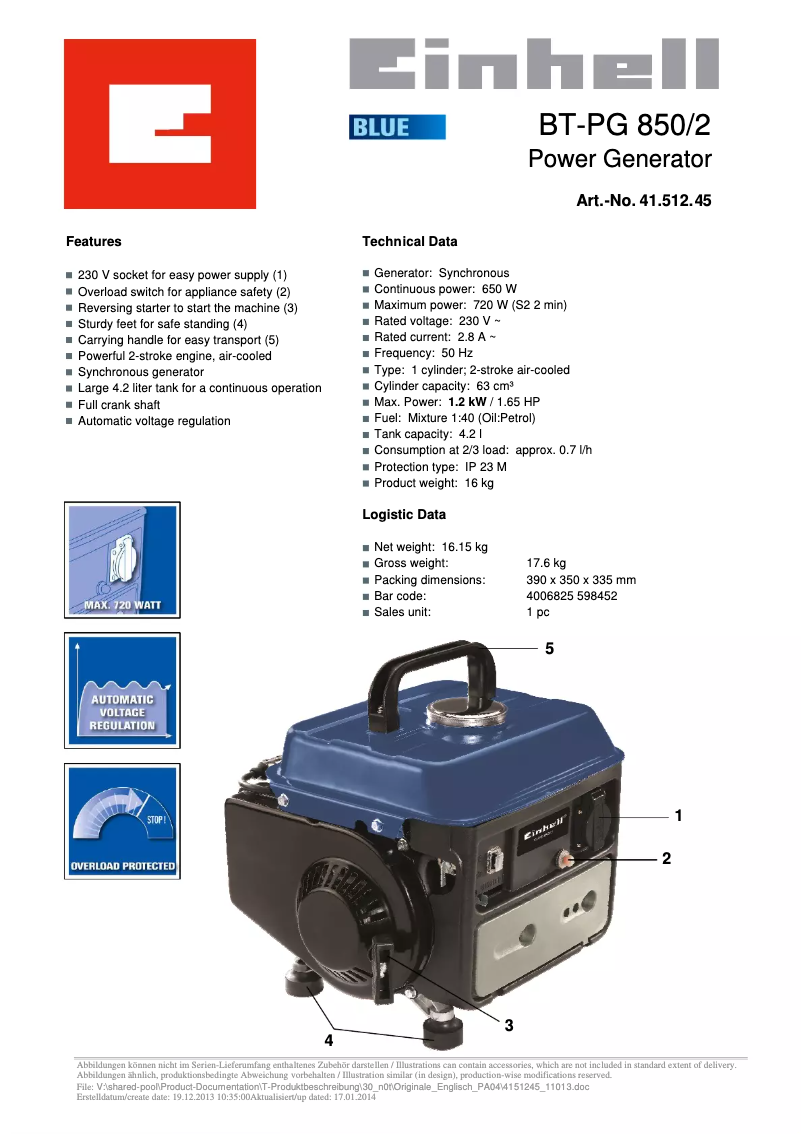 Page n°1 - Manuel utilisateur Einhell BT-PG 850/2