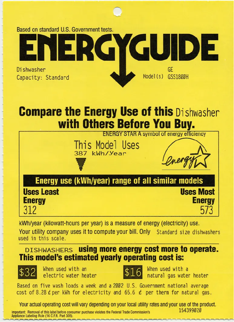 Página 1 del manual Etiqueta energética GE GSS1800HWW