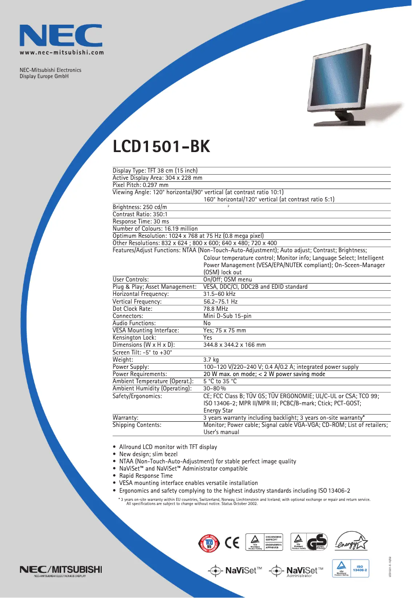 Page 1 de la notice Fiche technique NEC LCD1501