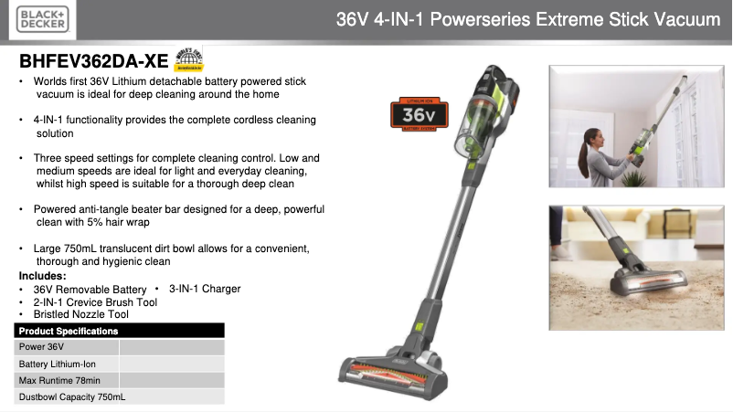 Page 1 de la notice Fiche technique Black & Decker BHFEV362DA