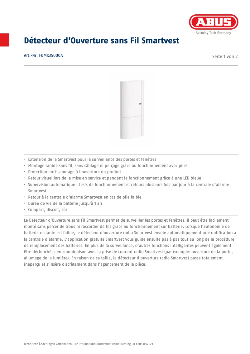 Page n°1 - Fiche technique Abus FUMK35000A