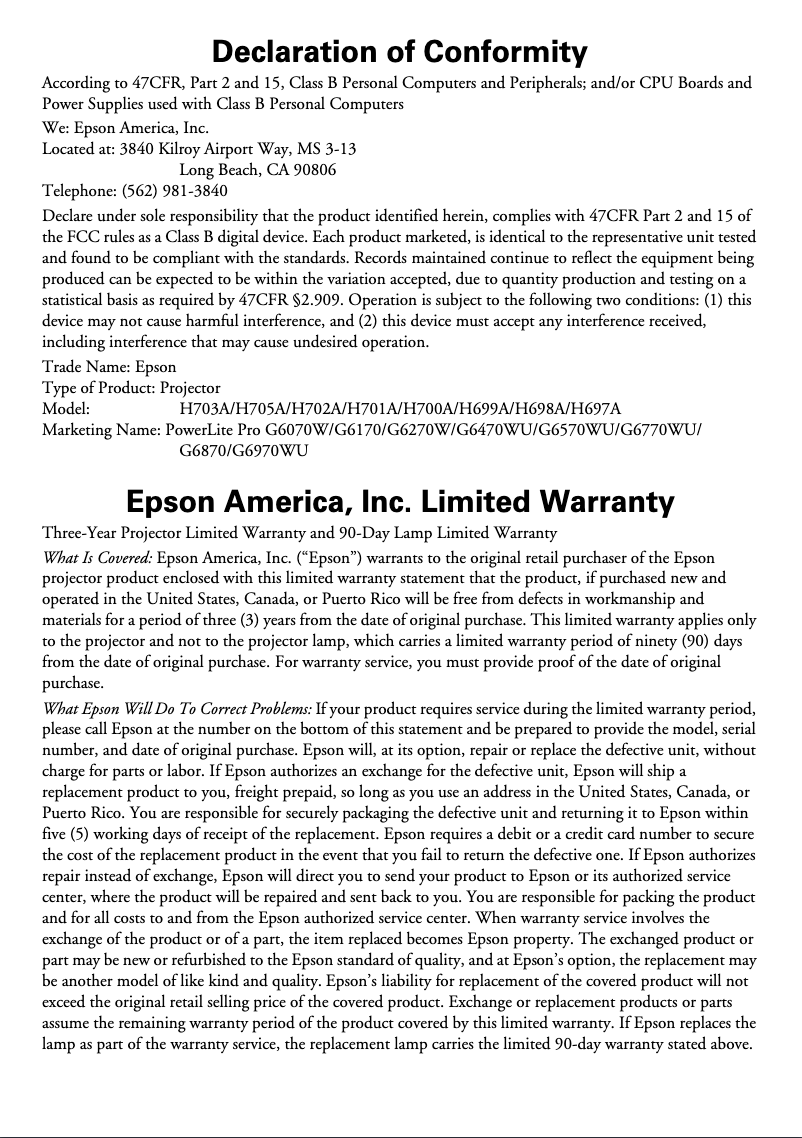 Page 1 de la notice Informations de garantie Epson PowerLite Pro G6470WU