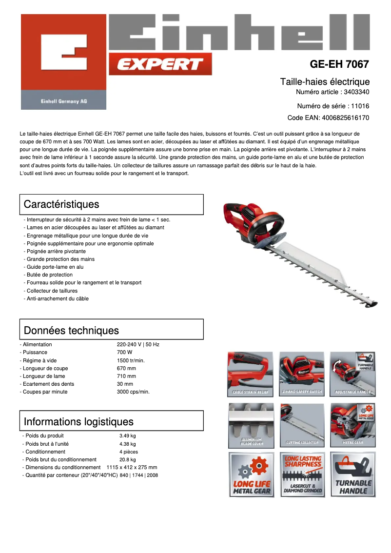 Page 1 de la notice Fiche technique Einhell GE-EH 7067