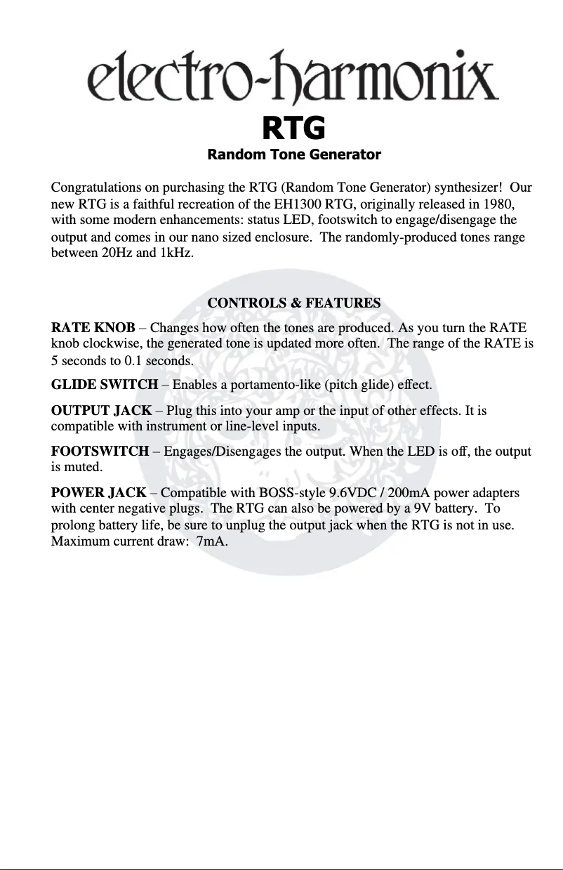 Page 1 de la notice Manuel utilisateur Electro Harmonix RTG