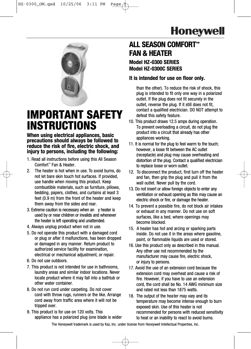 Page 1 de la notice Manuel utilisateur Honeywell HZ-0300