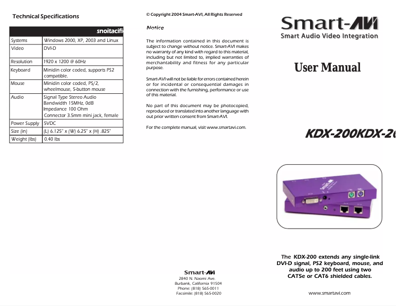 Page 1 de la notice Manuel utilisateur Smart-AVI KDX-200S