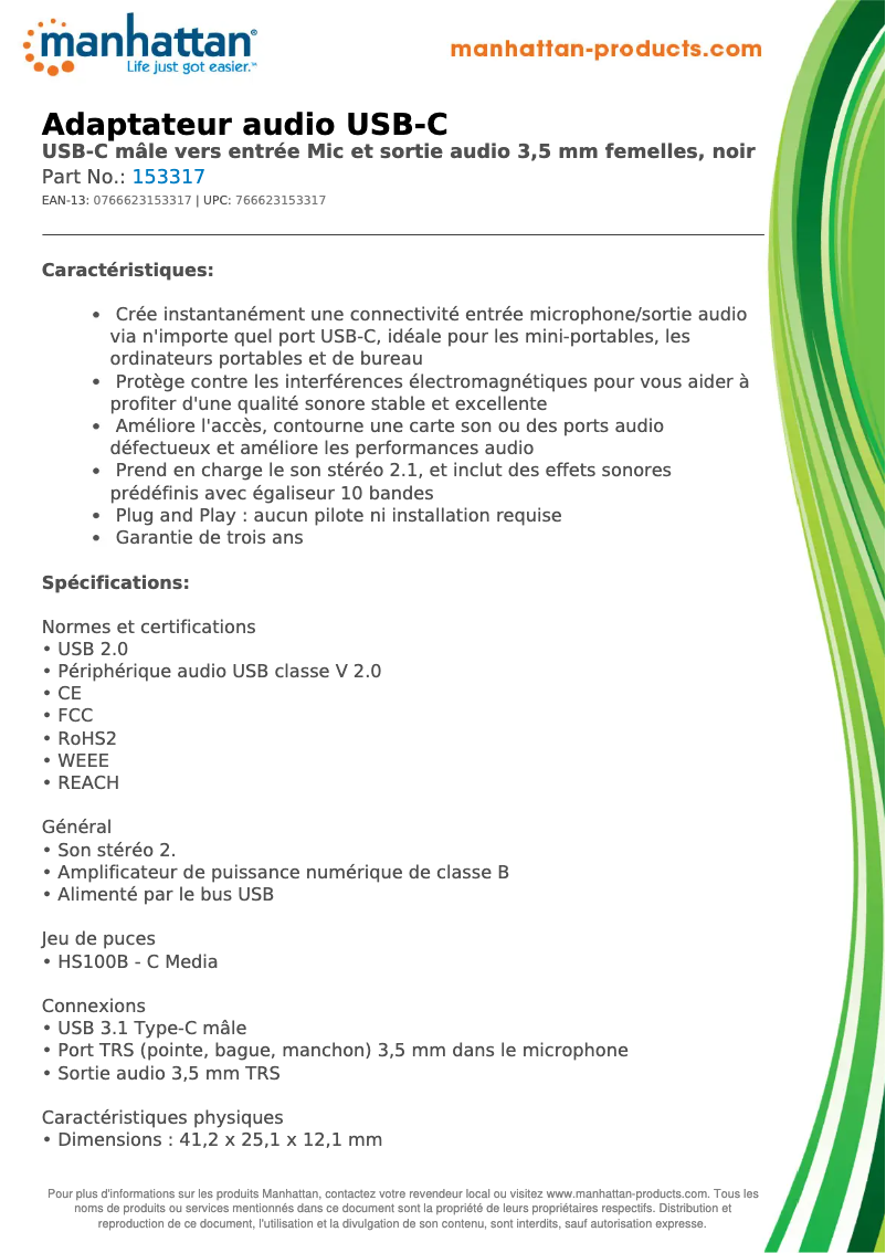 Page 1 de la notice Fiche technique Manhattan 153317
