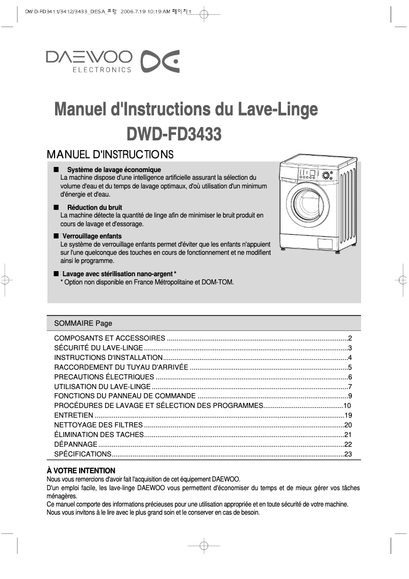 Image de la première page du manuel de l'appareil DWD-FD3433